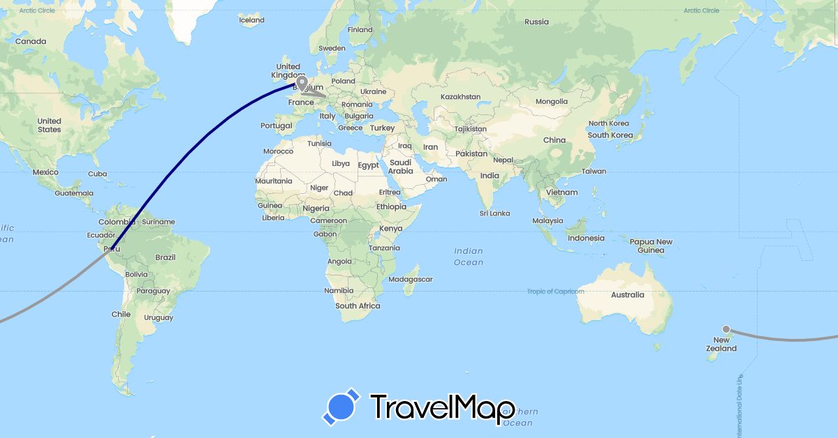 TravelMap itinerary: driving, plane in Germany, France, United Kingdom, New Zealand, Peru (Europe, Oceania, South America)